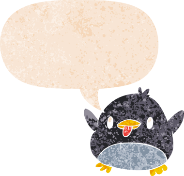 Grunge 'da konuşma baloncuğu olan sevimli çizgi film pengueni bir insan tarafından çizilmiş tedirgin, desenli bir resim.