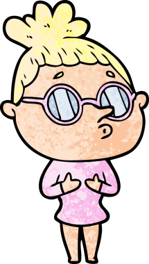 Bir insan tarafından çizilmiş gözlüklü bir karikatür kadın.