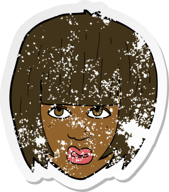 Bir karikatürün gerilimli çıkartması. Bir insan tarafından çizilmiş uzun saçlı, rahatsız bir kız.