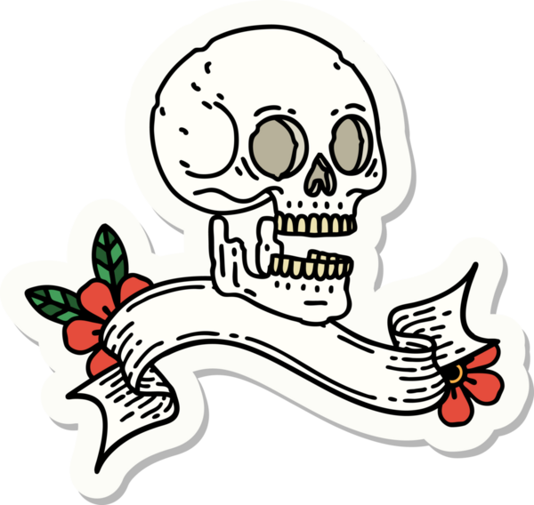 Bir insan tarafından çizilmiş kafatasının pankartıyla dövme stili etiketi