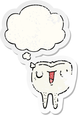 Düşünce baloncuklu çizgi film mutlu dişi bir insan tarafından çizilmiş yıpranmış bir çıkartma gibi