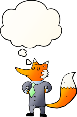 Düşünce baloncuğu olan, bir insan tarafından çizilmiş bir tilki çizgi film işadamı.