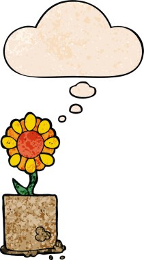 Bir insan tarafından çizilmiş grunge desenli düşünce baloncuğu olan karikatür çiçeği