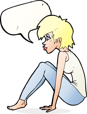 Bir insan tarafından çizilmiş bir konuşma balonuyla oturan karikatür kadını.