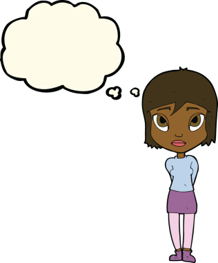 Bir insan tarafından çizilmiş düşünce balonu olan utangaç bir kız.