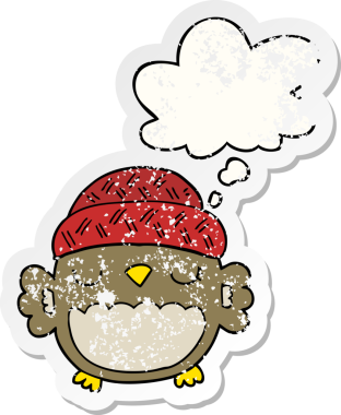 Düşünce baloncuklu şapkalı sevimli baykuş, bir insan tarafından çizilmiş yıpranmış bir çıkartma.