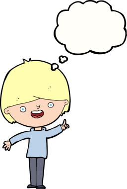 Bir insan tarafından çizilmiş düşünce balonu olan mutlu çocuk çizgi filmi.