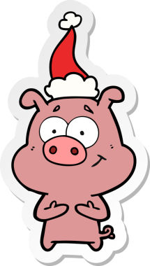 Bir insan tarafından çizilmiş Noel Baba şapkası takan bir domuzun mutlu el çizimi karikatürü.