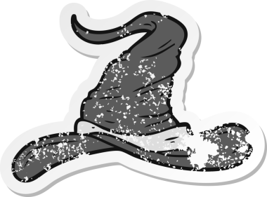 Bir insan tarafından çizilmiş çizgi film sihirbazı şapkasının sıkıntılı çıkartması.