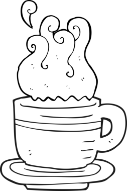 Bir insan tarafından çizilmiş siyah beyaz bir fincan ve fincan tabağı.