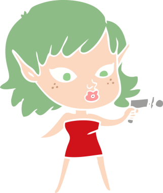 Bir insanın çizdiği ışın tabancasıyla oldukça düz renkli bir çizgi film kızı.