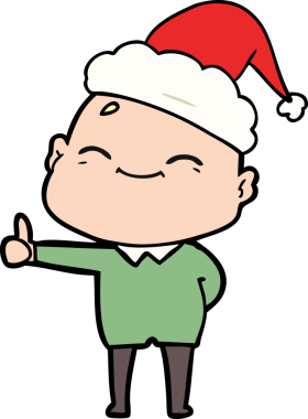 Bir insan tarafından çizilmiş Noel Baba şapkası giymiş kel bir adamın çizdiği mutlu el çizgisi.