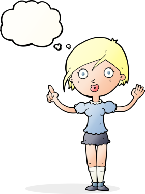 Bir insan tarafından çizilmiş düşünce baloncuğuyla soru soran çizgi film kızı.