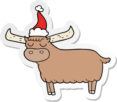 Bir insan tarafından çizilmiş Noel Baba şapkası takan bir boğanın el yazısı.