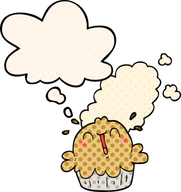 Bir insan tarafından çizilmiş çizgi roman şeklinde düşünce baloncuklu şirin bir turta.