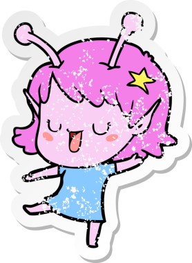 Bir insan tarafından çizilmiş mutlu uzaylı kız çizgi filminin sıkıntılı çıkartması.