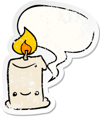 Konuşma baloncuğu olan çizgi film mumu bir insan tarafından çizilmiş sıkıntılı eski bir çıkartma