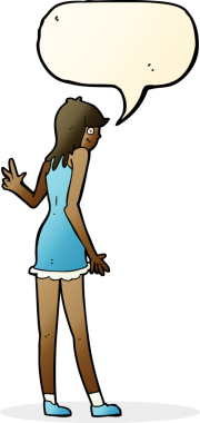 Bir insan tarafından çizilmiş bir konuşma balonuyla el sallayan çizgi film kadını.