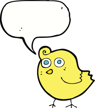 Bir insan tarafından çizilmiş konuşma baloncuklu komik çizgi film kuşu.