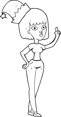 Bir insan tarafından çizilmiş Noel şapkası giyen siyah beyaz bir kadın çizdi.