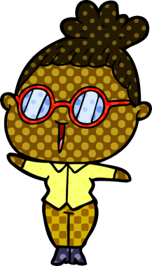 Bir insan tarafından çizilmiş gözlüklü bir karikatür kadın.