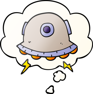 Düşünce baloncuklu çizgi film UFO 'su bir insan tarafından çizilmiştir.