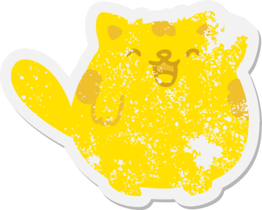 Sevimli çizgi film kedisi bir insan tarafından çizilmiş grunge çıkartmasını sallıyor.