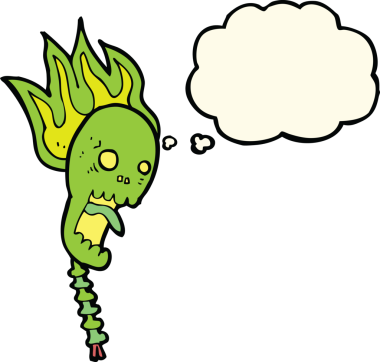 Bir insan tarafından çizilmiş düşünce baloncuklu ürkütücü bir kafatası.