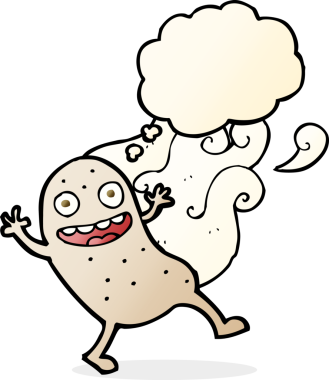 Bir insan tarafından çizilmiş düşünce baloncuklu patates.