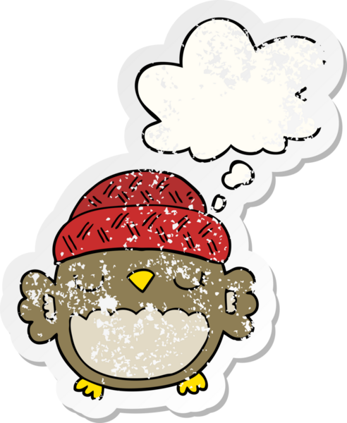 Düşünce baloncuklu şapkalı sevimli baykuş, bir insan tarafından çizilmiş yıpranmış bir çıkartma.