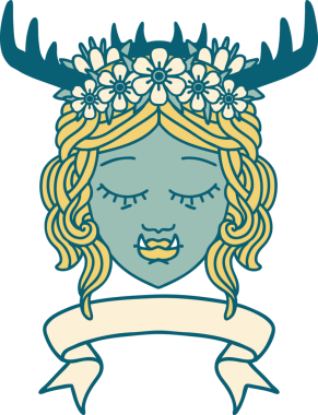 Retro Dövme Biçimli Ork karakteri yüzü bir insan tarafından çizilmiş pankartıyla