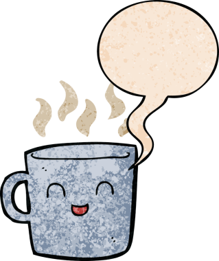 Bir insan tarafından çizilmiş eski moda konuşma baloncuklu şirin kahve fincanı karikatürü.