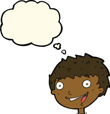 Bir insan tarafından çizilmiş düşünce balonlu gülen çocuk.