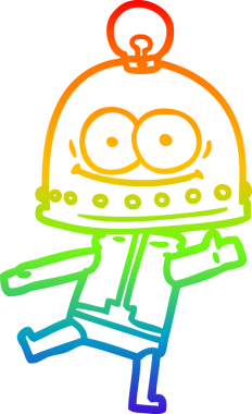 Gökkuşağı gradyan çizgisi mutlu bir karton robot çizimi ve bir insan tarafından çizilmiş ampul.