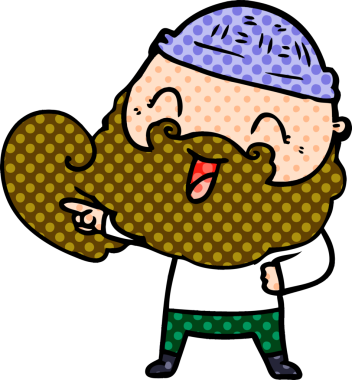 Bir insan tarafından çizilmiş sakallı ve kış şapkalı mutlu bir adam.