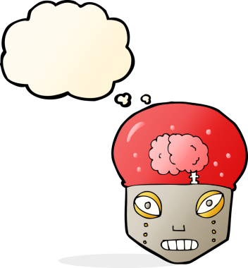 Bir insan tarafından çizilmiş düşünce baloncuğu olan ürkütücü robot kafası.