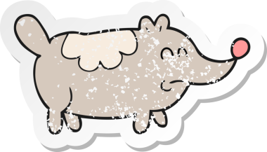 Bir insan tarafından çizilmiş küçük şişman bir köpeğin gerilmiş çıkartması.