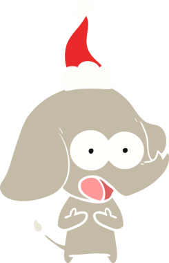 Bir insan tarafından çizilmiş Noel Baba şapkası takan bir filin düz renkli çizimi.