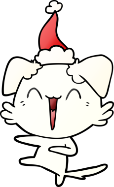 Mutlu dans eden köpek eli bir insan tarafından çizilmiş Noel Baba şapkası.