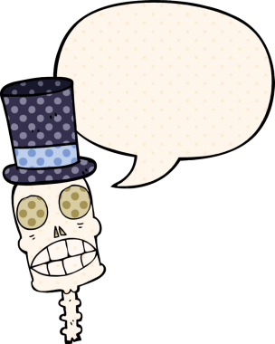 Bir insan tarafından çizilmiş, çizgi roman tarzında konuşma baloncuğu olan karikatürümsü kafatası.