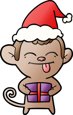 Noel hediyesi olan bir maymunun insan tarafından çizilmiş Noel Baba şapkasıyla çizilmiş komik bir el çizimi.