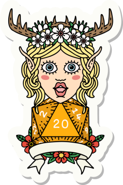 Bir insan tarafından çizilmiş doğal 20 zarlı Elf Druid karakterinin çıkartması.