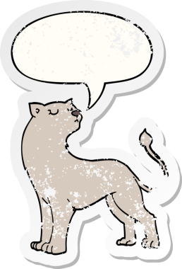 Konuşma baloncuğu olan çizgi film dişi aslanı bir insan tarafından çizilmiş sıkıntılı eski bir çıkartma.