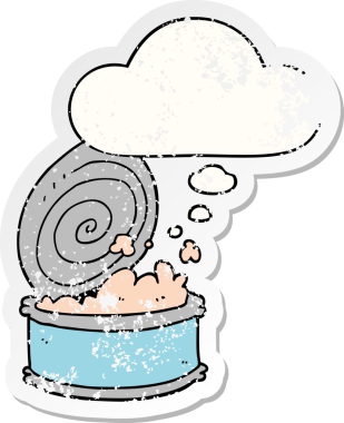 Düşünce baloncuklu karikatür konservesi insan tarafından çizilmiş yıpranmış bir çıkartma.