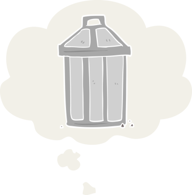 Düşünce baloncuğu olan çizgi film çöp kutusu insan tarafından çizilmiş.