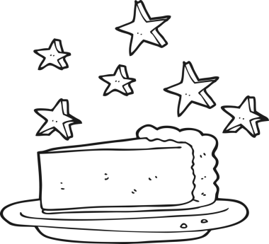 Bir insan tarafından çizilmiş siyah beyaz karikatür çikolatalı pasta.