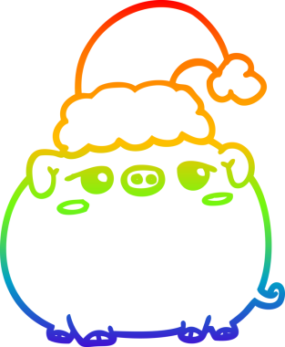 Gökkuşağı gradyan çizgisi insan tarafından çizilmiş Noel şapkası takan bir domuzun çizimi