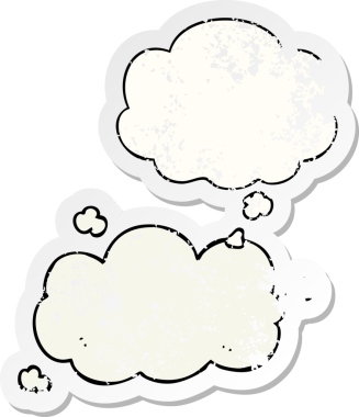 Düşünce baloncuklu karikatür bulutu bir insan tarafından çizilmiş yıpranmış bir çıkartma gibi.