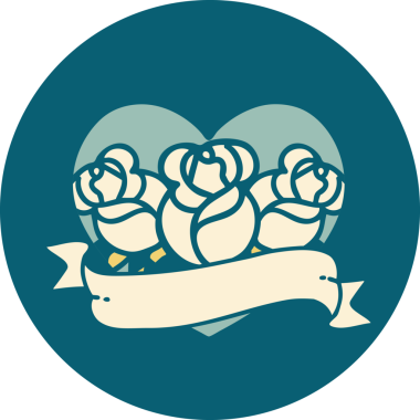 İkonik dövme stili bir kalp ve bir insan tarafından çizilmiş çiçekli pankart.