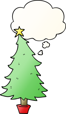 Düşünce baloncuğu bir insan tarafından çizilmiş olan çizgi film noel ağacı.